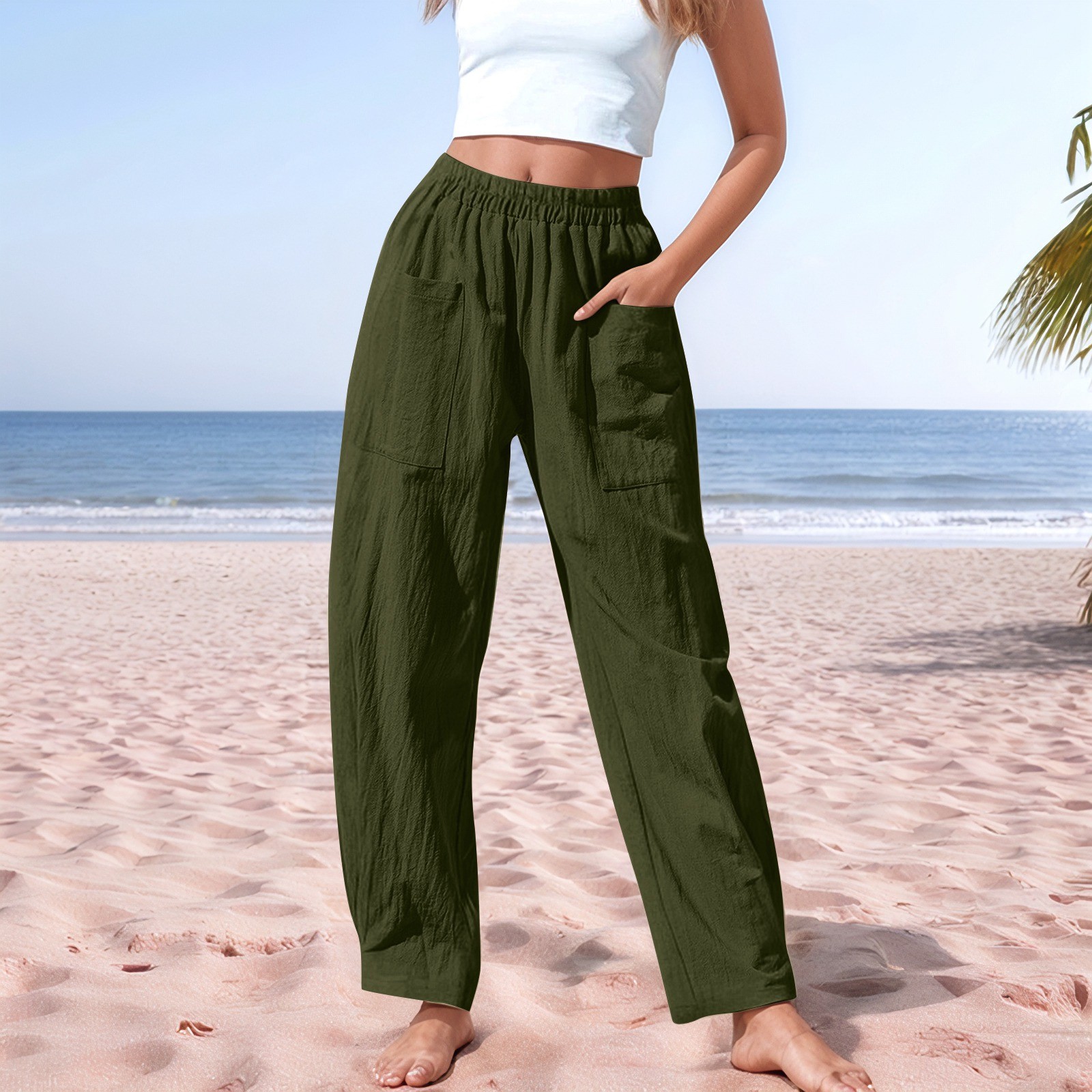 thumbnail image 2 of Pantalones elásticos de lino de cintura alta para mujer, informales: pantalones ligeros de verano para hacer ejercicio, 2 of 8